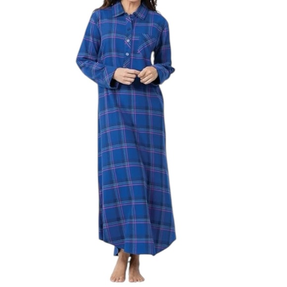 New Pajamagram 100% Cotton Maxi Length Flannel Nightgown Blue Plaid Size XL - Picture 2 of 8
